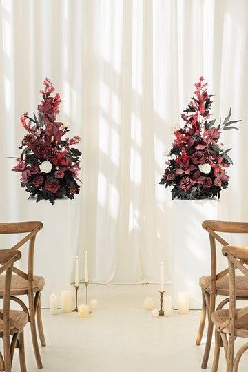 Oversized Free-Standing Ground Flower Arrangements in Moody Burgundy & Black