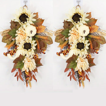 2 Pcs Fall Wreath Artificial White Pumpkin Wreath, 17.71in White Sunflower Autumn Harvest Wreath with Leaves Flower Fall Door Garland Thanksgiving Theme Swag Teardrop Swag Halloween Wreath for Front Door