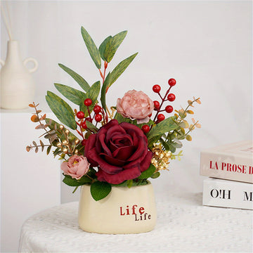 Artificial Flowers in Vase, Faux Flowers in Vase for Home Decor, Fake Flowers Arrangement with Vase for Coffee Table Decor Kitchen Dining Table Centerpiece Decorations