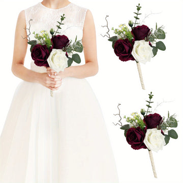 2 Pack Bridesmaid Wedding Bouquet Burgundy Artificial Flowers Bridesmaid Silk Bouquet Rustic Small Wedding Floral Centerpieces for Party Ceremony Proposal Table Decoration...