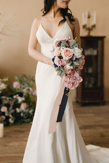 Small Cascade Bridal Bouquet in Dusty Rose & Navy