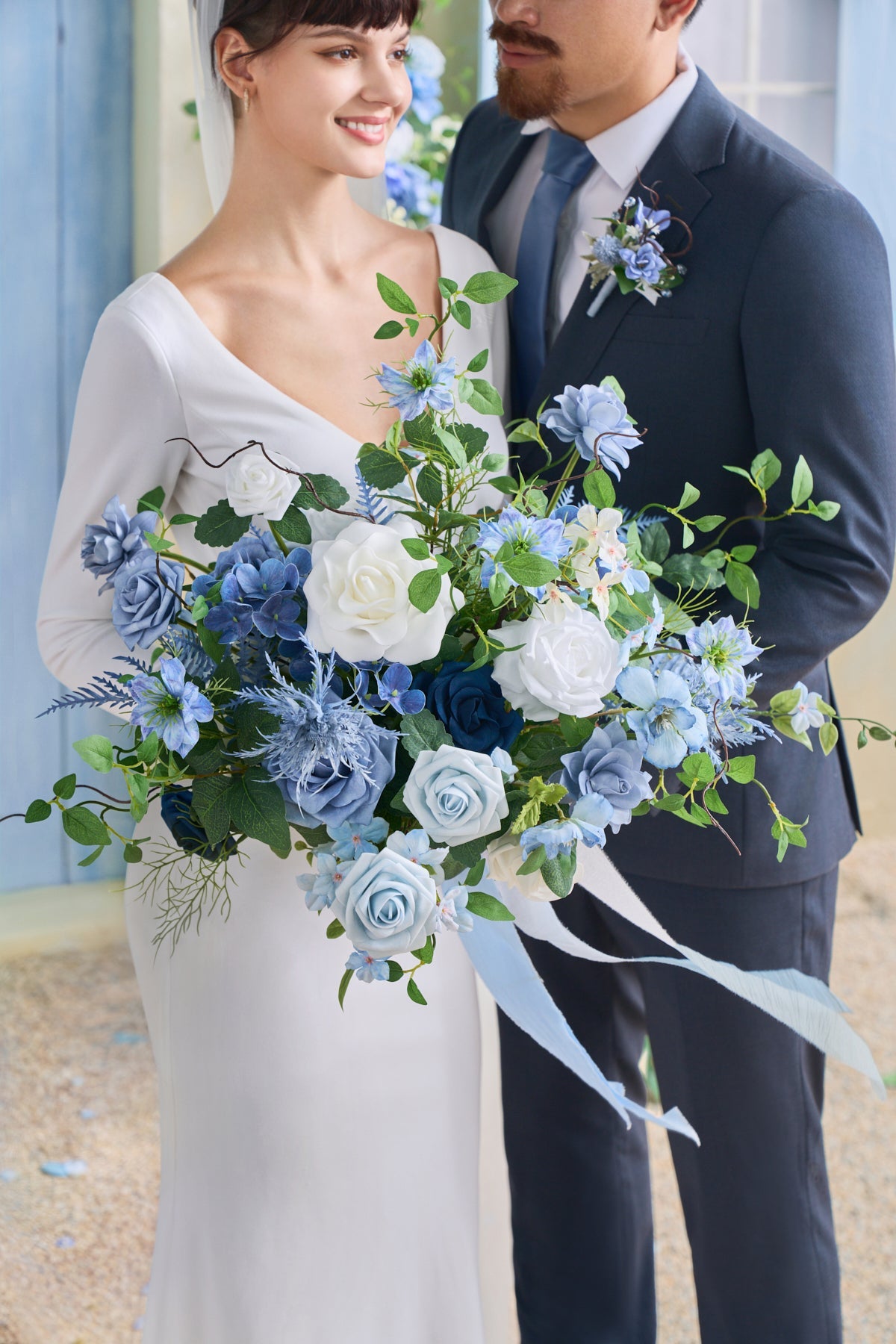 Medium Free-Form Bridal Bouquet in Timeless French Blue & White