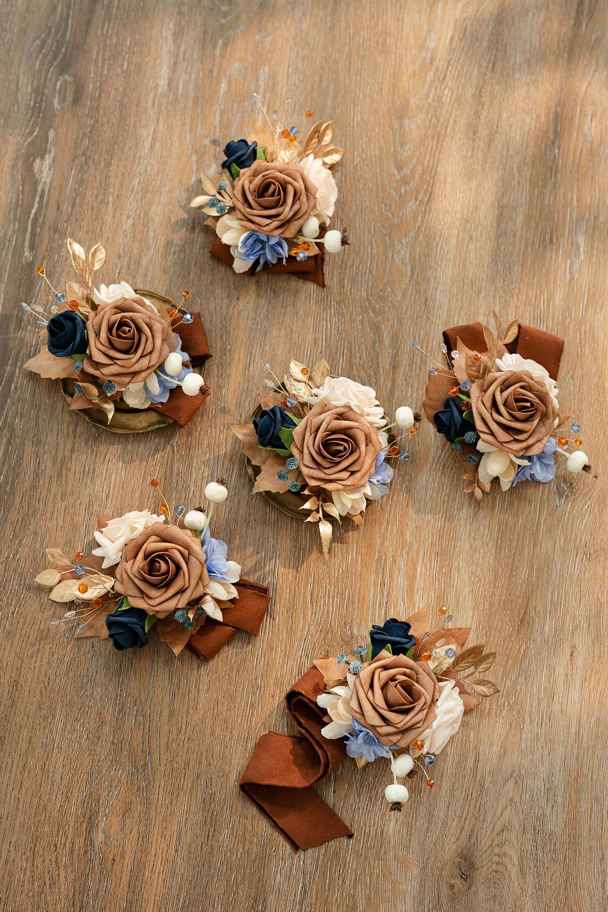 Wrist Corsages in Russet Orange & Denim Blue