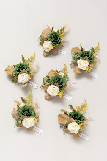 Wrist Corsages in Emerald & Tawny Beige