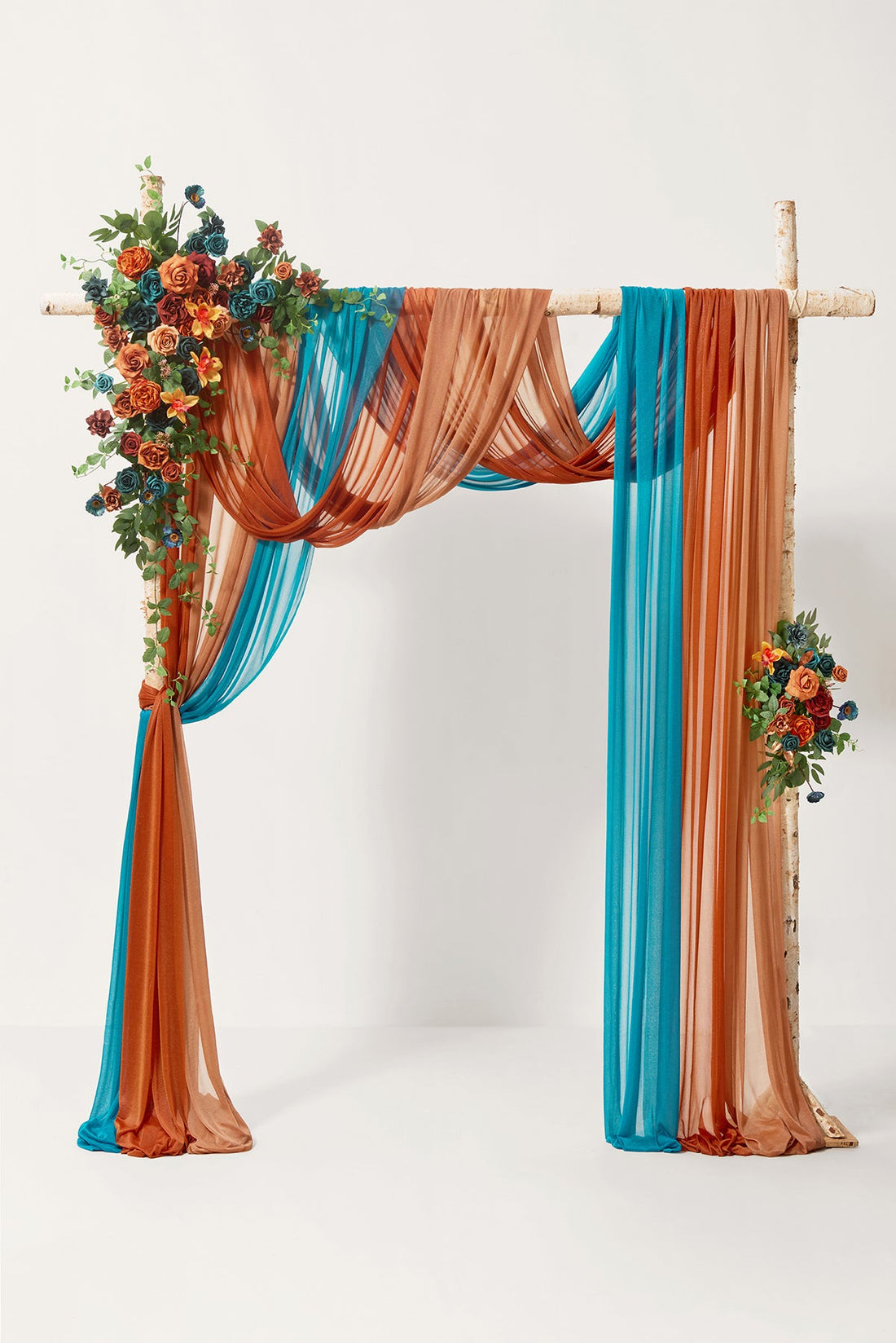 Flower Arch Decor with Drapes in Dark Teal & Burnt Orange