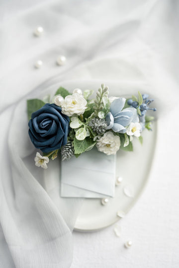 Pocket Square Boutonniere for Groom in Dusty Blue & Navy