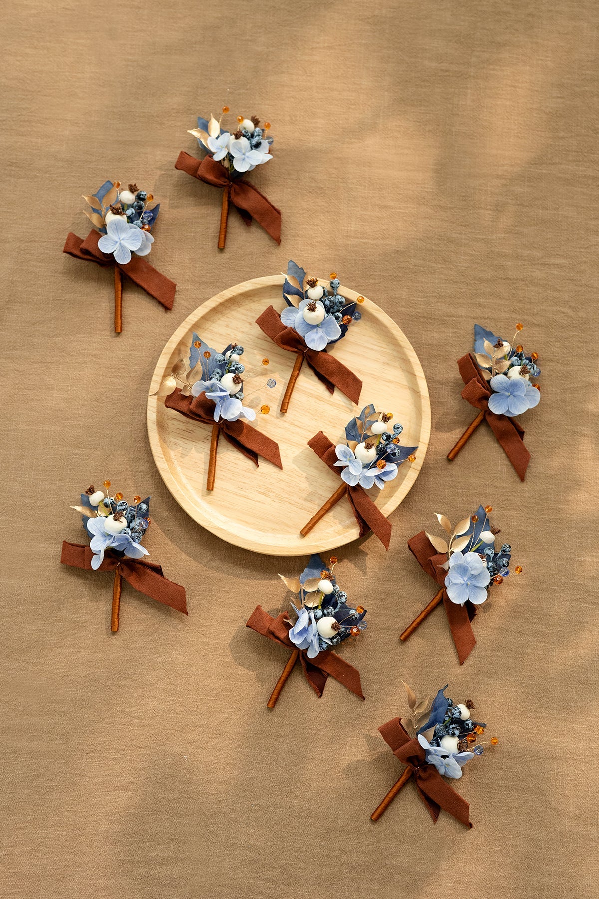 Boutonnieres for Guests in Russet Orange & Denim Blue | Clearance