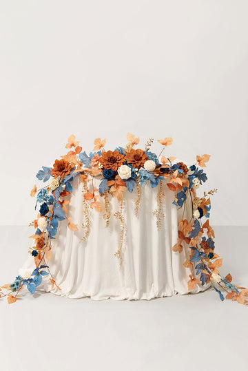 9ft Head Table Flower Garland in Russet Orange & Denim Blue