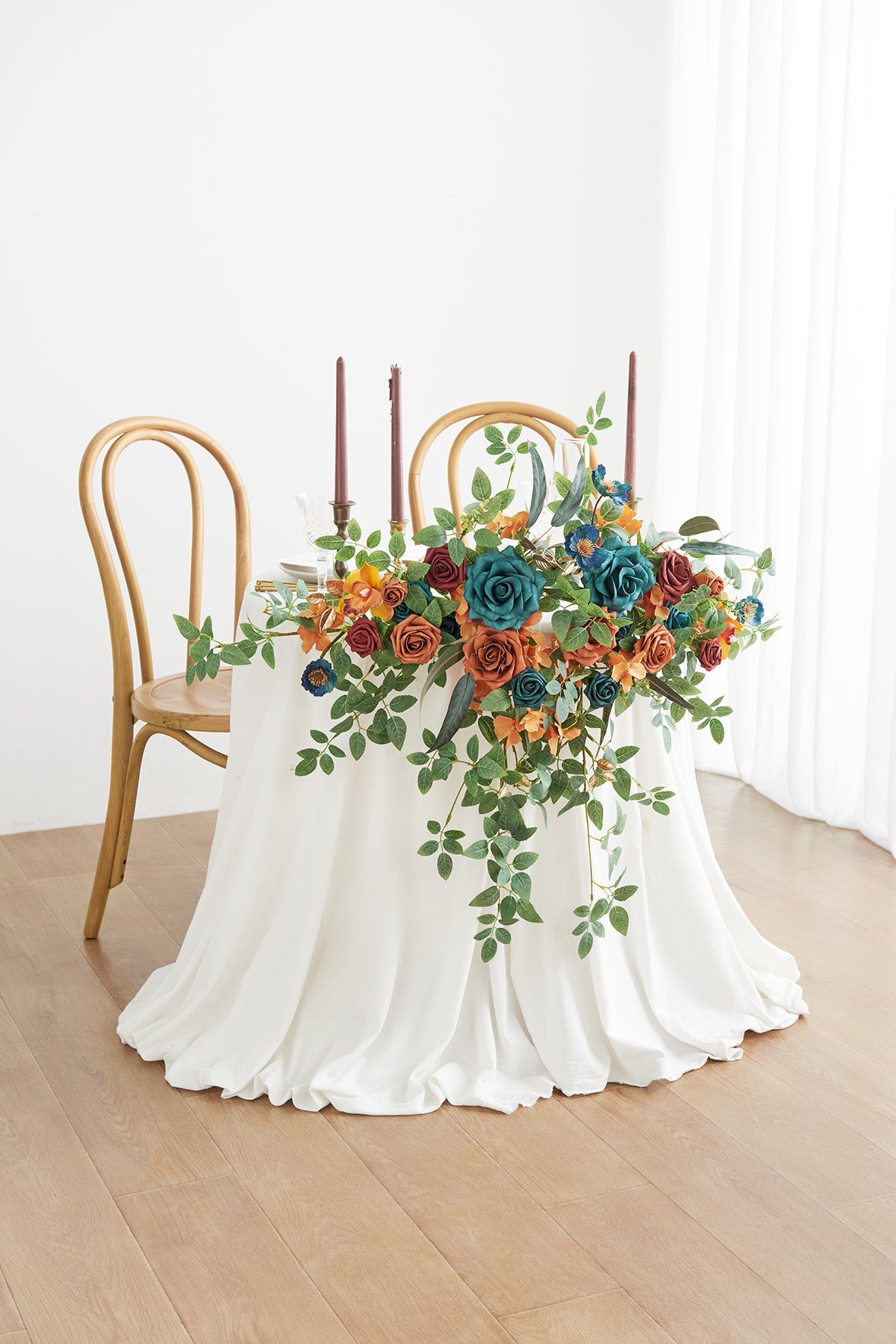 Sweetheart Table Floral Swags in Dark Teal & Burnt Orange