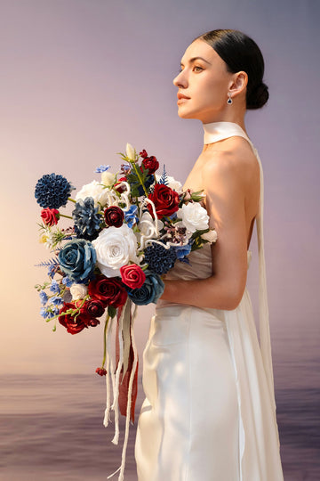 Small Cascade Bridal Bouquet in Nautical Navy & Burgundy