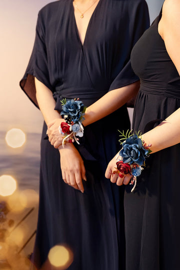 Wrist and Shoulder Corsages in Nautical Navy & Burgundy