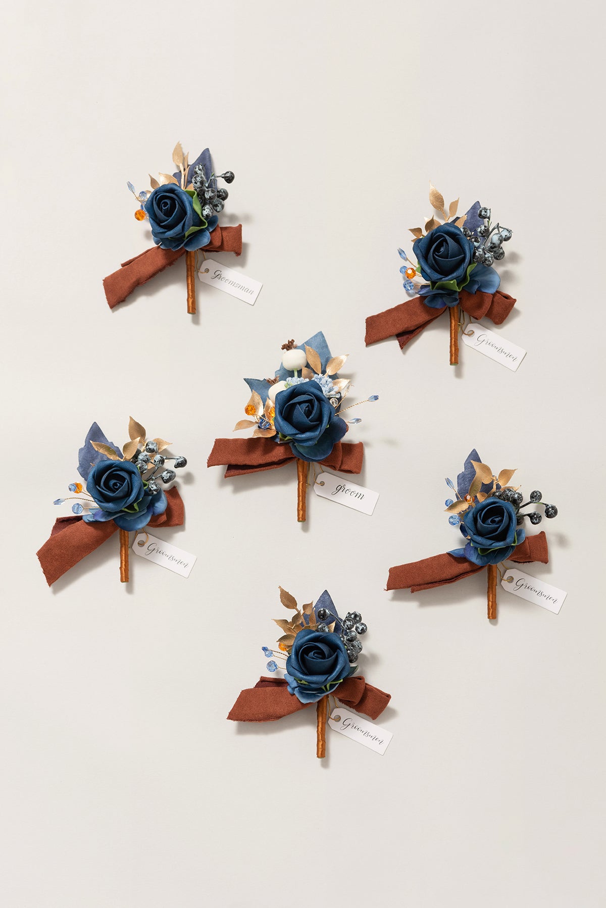 Boutonnieres in Russet Orange & Denim Blue