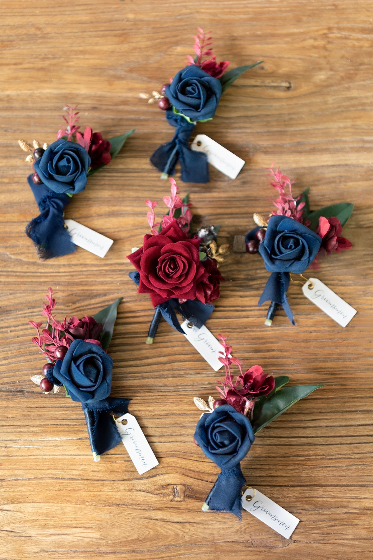 Boutonnieres in Burgundy & Navy