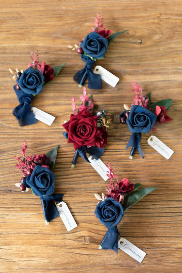 Boutonnieres in Burgundy & Navy