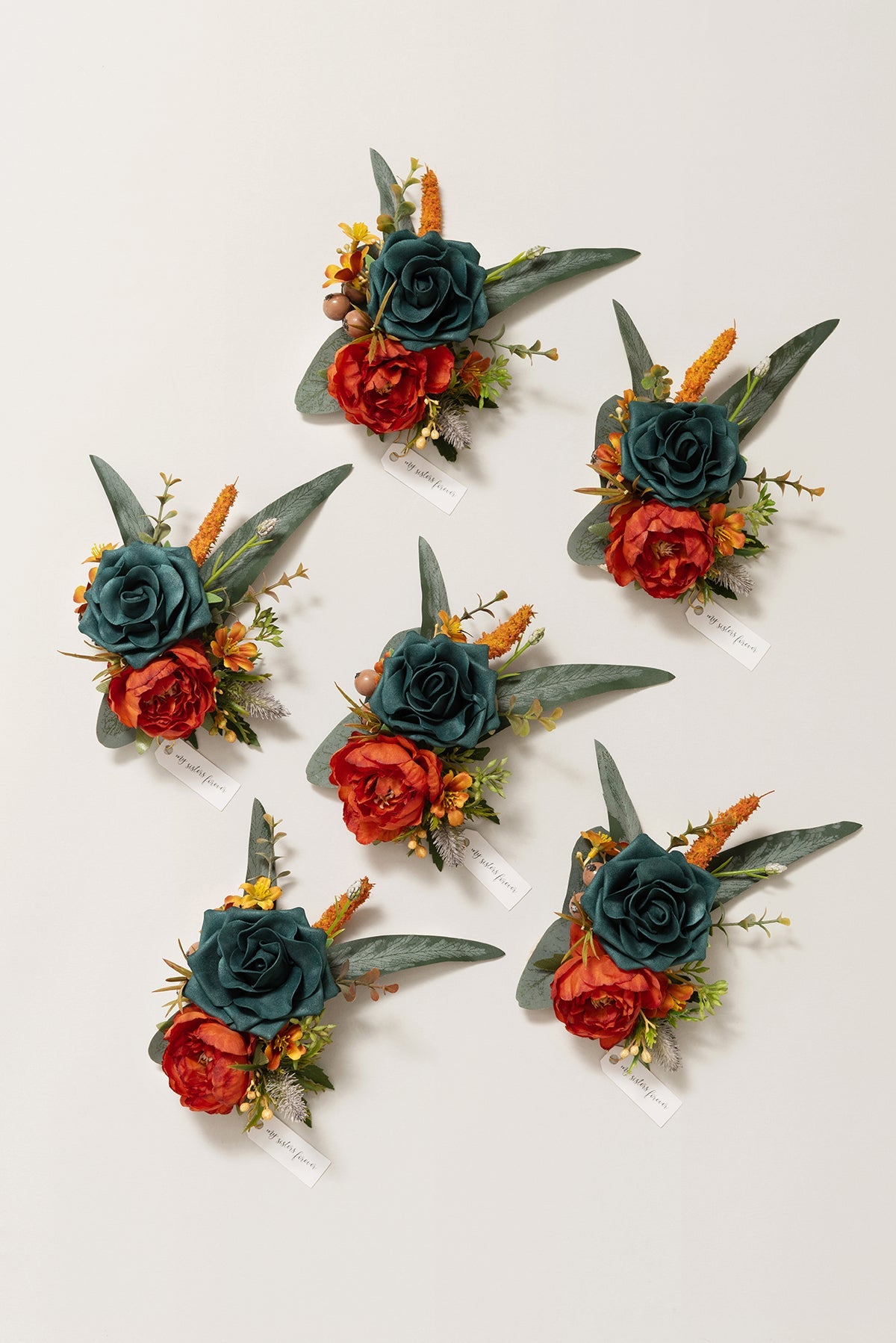 Wrist Corsages in Dark Teal & Burnt Orange