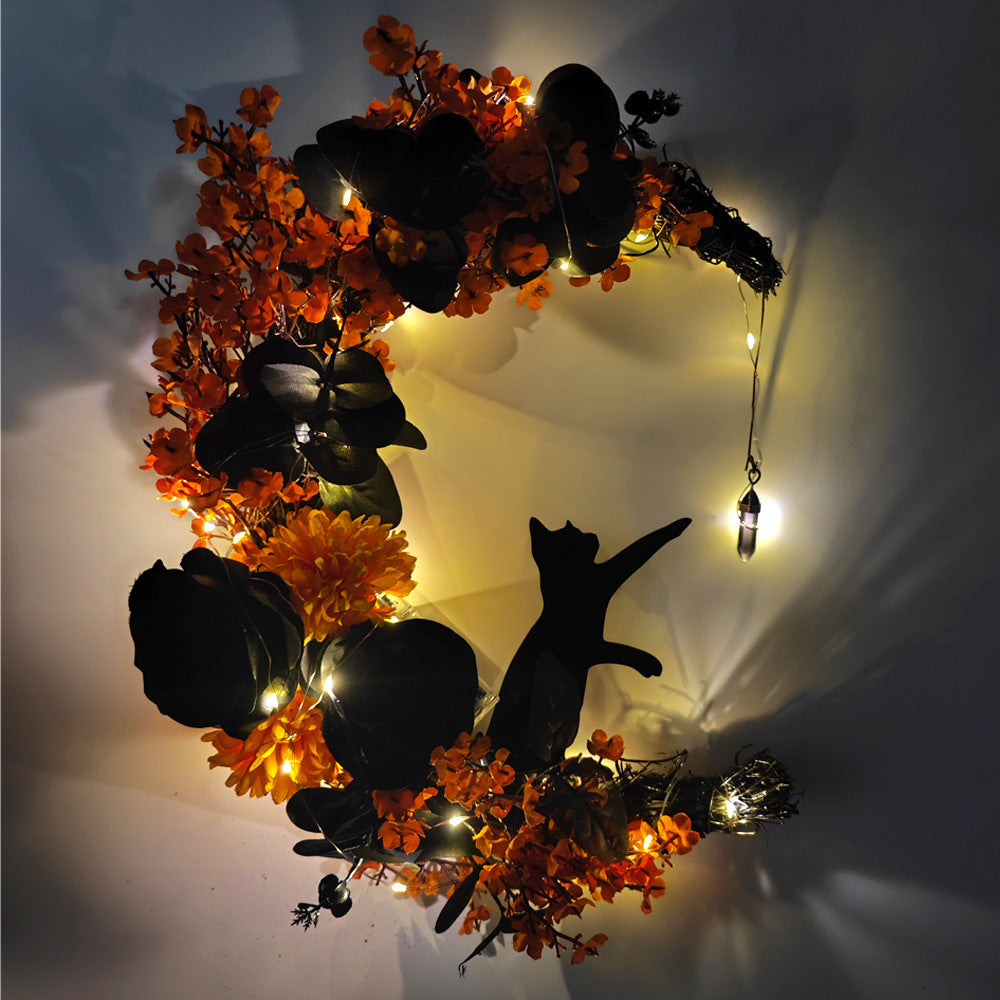 Halloween Black Branch Wreath Signs for Front Door with String Light, Handcrafted Halloween Horror Wreath for Indoor Outdoor Party Window Wall Decor Farmhouse Garland Yard