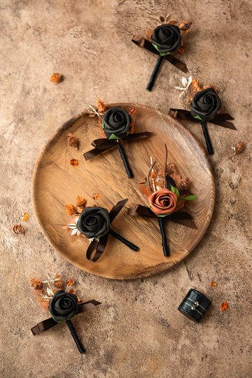 Boutonnieres in Black & Pumpkin Orange