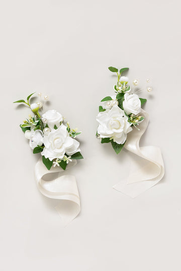 Wrist and Shoulder Corsages in White & Sage