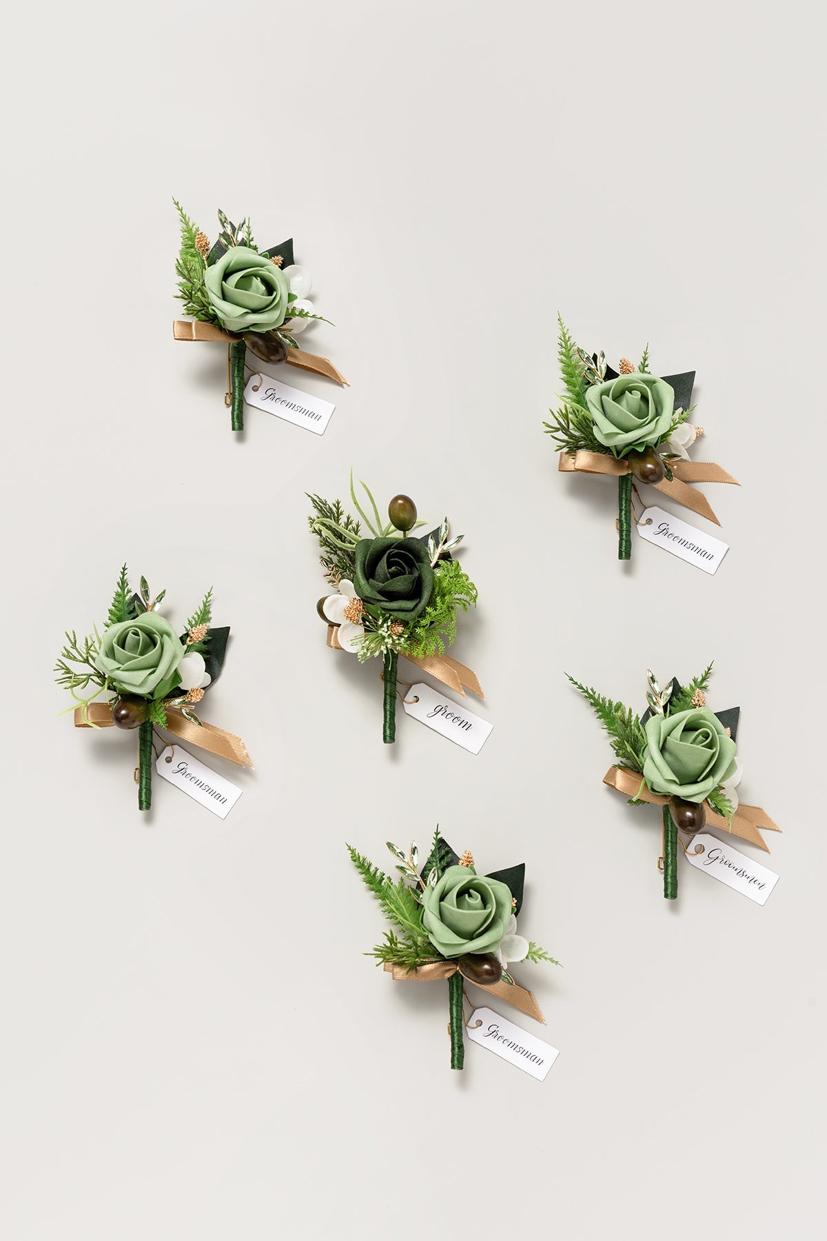 Boutonnieres in Forest Green & Gold