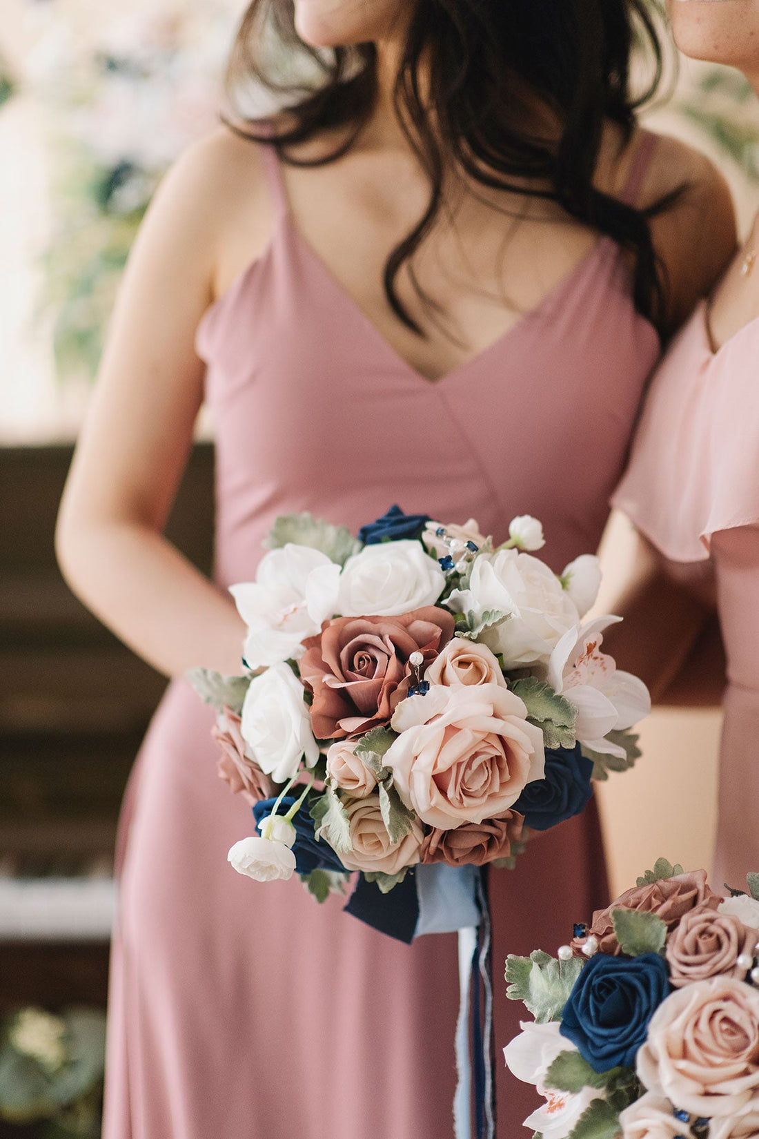 Maid of Honor & Bridesmaid Bouquets in Dusty Rose & Navy