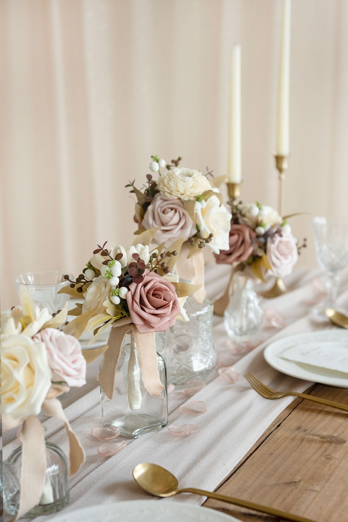 Mini Premade Flower Centerpiece Set in White & Beige