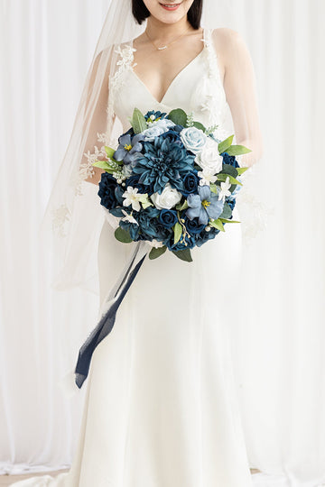 Small Round Bridal Bouquet in Dusty Blue & Navy