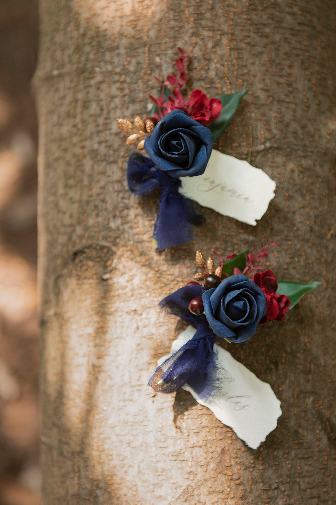 Boutonnieres in Burgundy & Navy