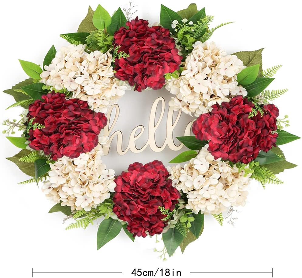 Hydrangea Wreaths for Front Door 18 Inch Dark Red Hydrangea Wreath Hello Silk Hydrangea Summer Wreaths for Front Door