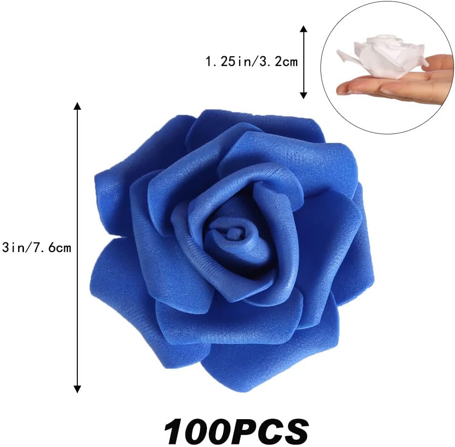 100pcs Royal Blue Artificial Rose Flower Heads, 3inch White Foam Roses Bulk Stemless Fake Flower