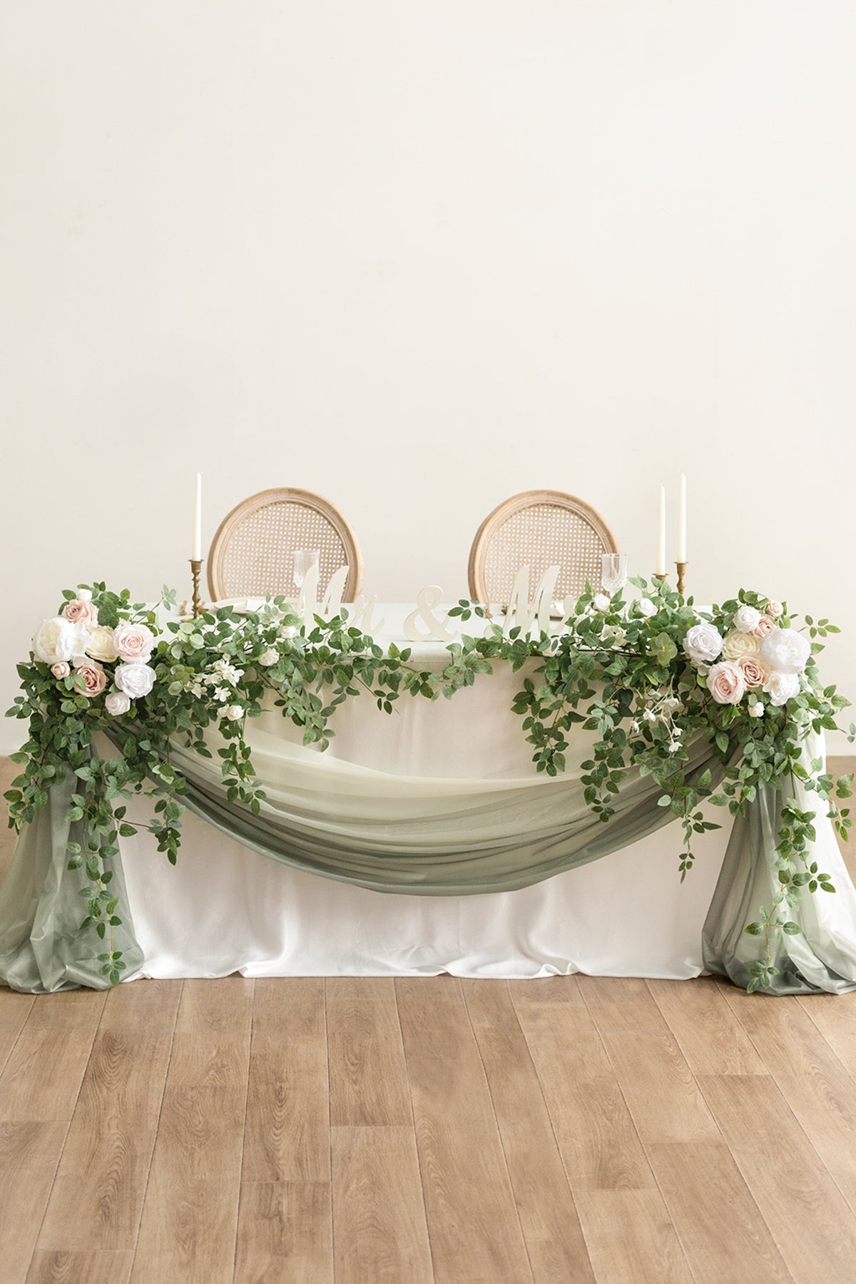 Large Floral Swag Set for Rectangle Head Table in White & Sage