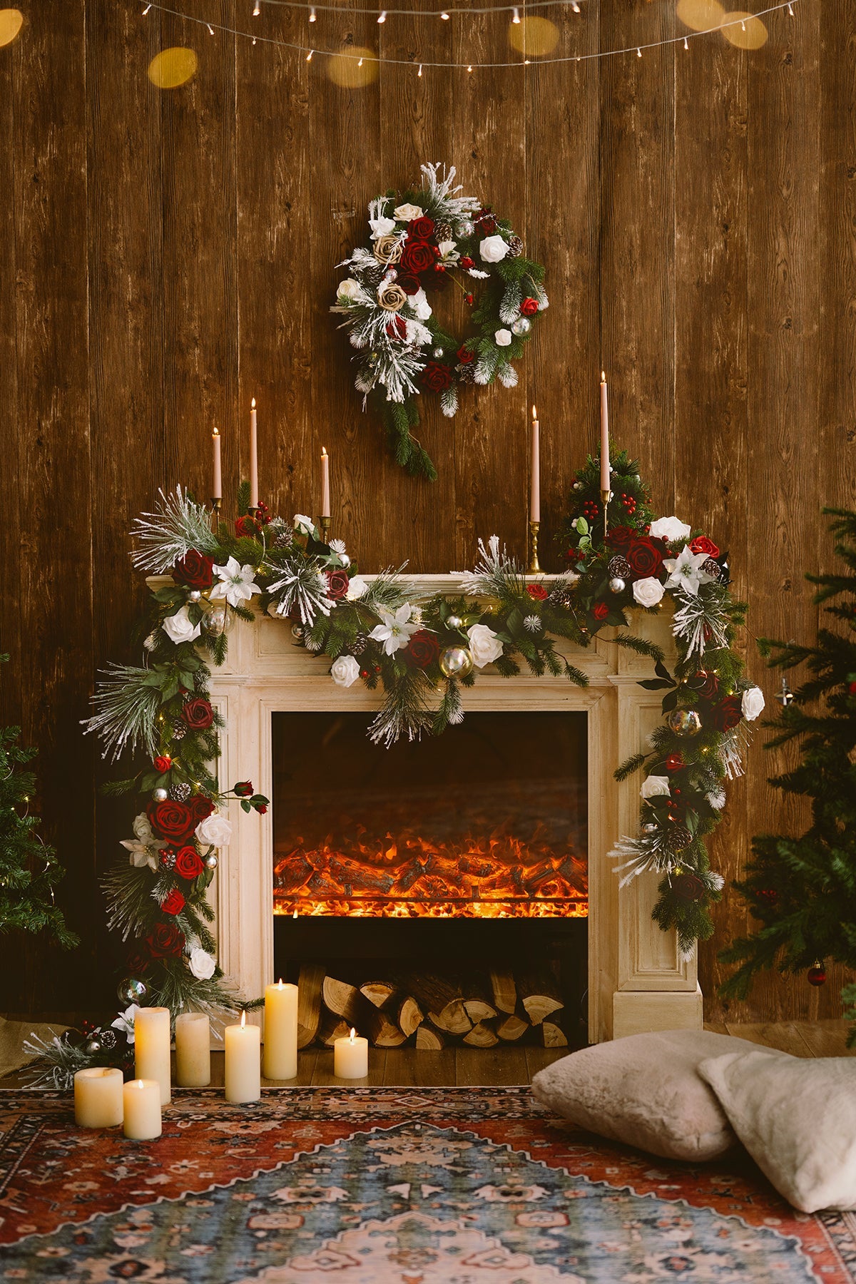 6ft Flower Garland in Christmas Red & Sparkle