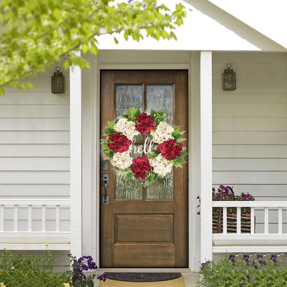 Hydrangea Wreaths for Front Door 18 Inch Dark Red Hydrangea Wreath Hello Silk Hydrangea Summer Wreaths for Front Door