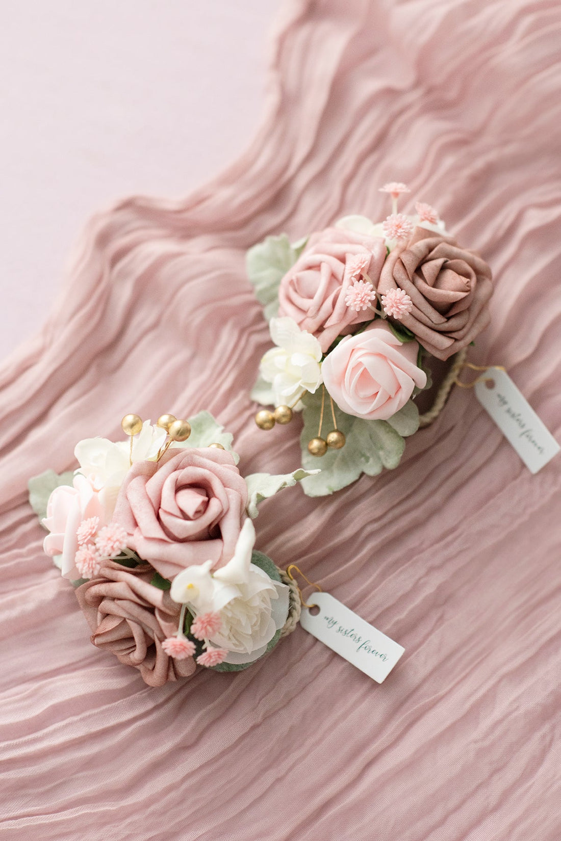 Wrist Corsages in Dusty Rose & Cream