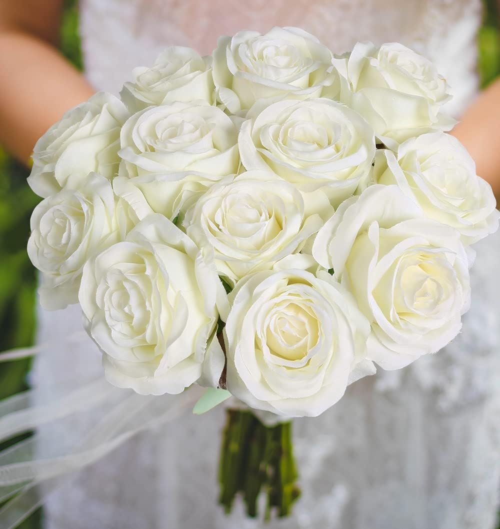 12Pcs White Roses Artificial Flowers Bulk Fake Silk Roses Bouquet