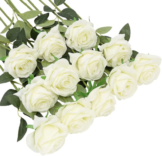 12Pcs White Roses Artificial Flowers Bulk Fake Silk Roses Bouquet