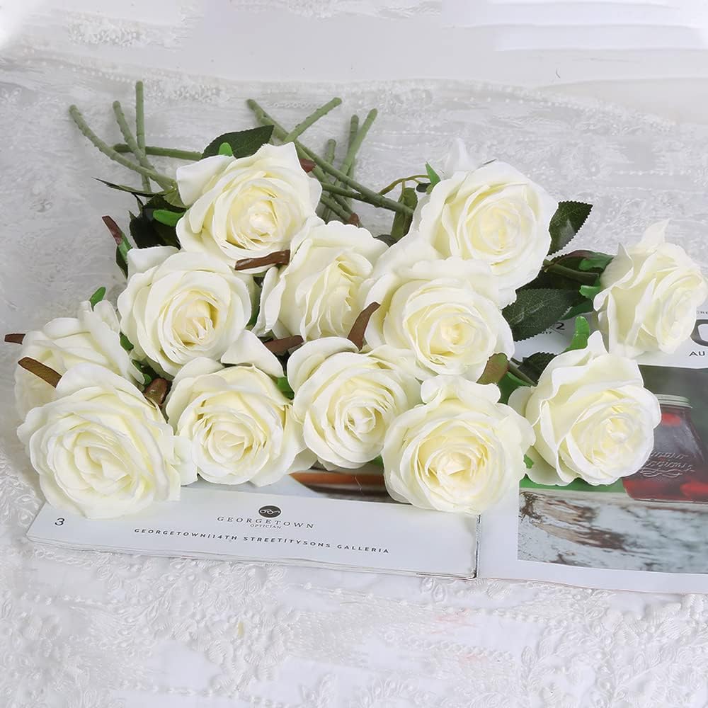 12Pcs White Roses Artificial Flowers Bulk Fake Silk Roses Bouquet