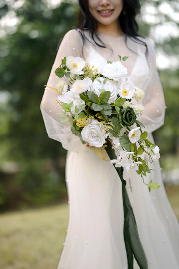 Small Cascade Bridal Bouquet in Emerald & Tawny Beige