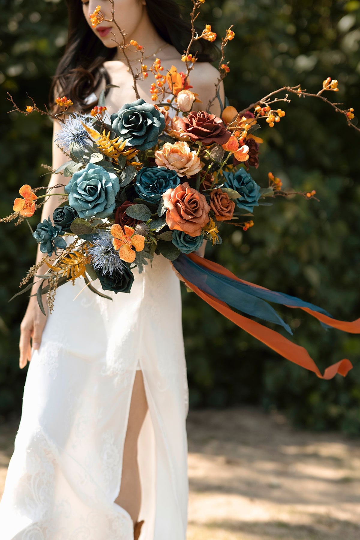 Medium Free-Form Bridal Bouquet in Dark Teal & Burnt Orange | Clearance