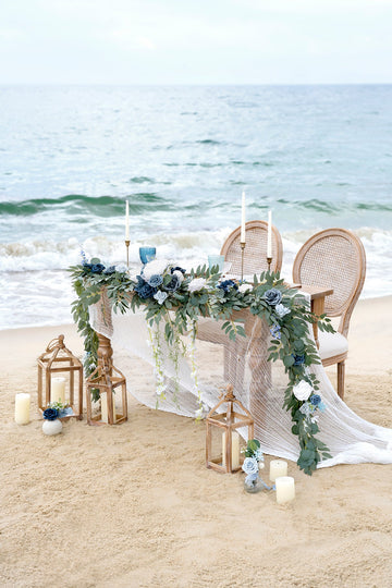 9ft Head Table Flower Garland in Dusty Blue & Navy