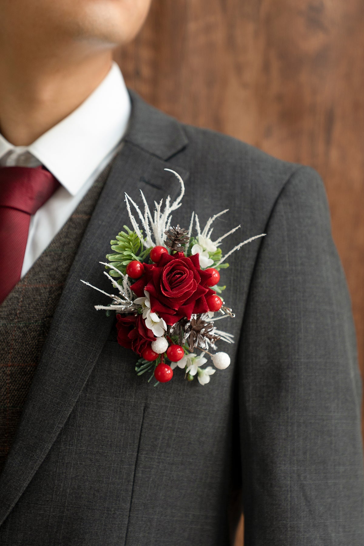 Pocket Square Boutonniere for Groom in Christmas Red & Sparkle | Clearance