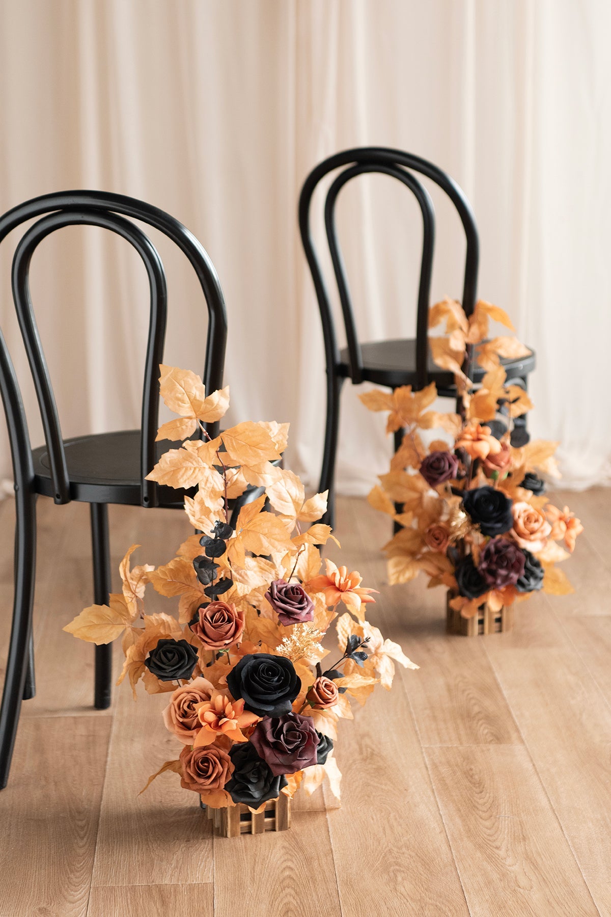 Wedding Aisle Runner Flower Arrangement in Black & Pumpkin Orange