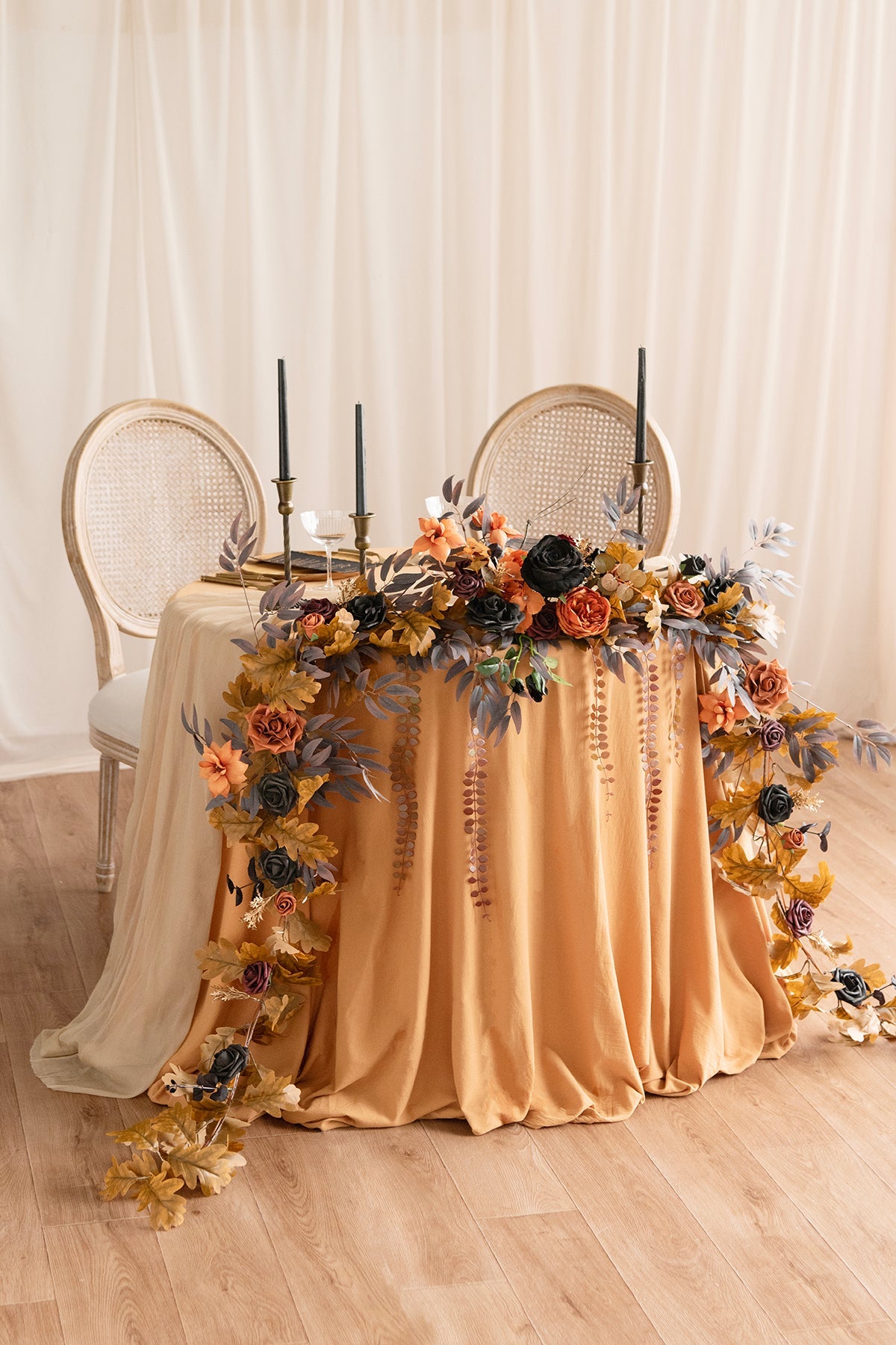 9ft Head Table Flower Garland in Black & Pumpkin Orange