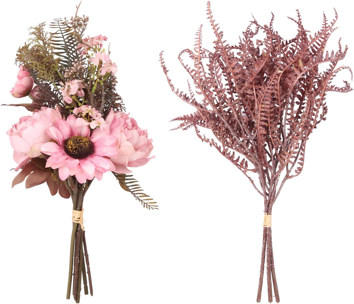 Pink Silk Peony Fake Fern Artificial Sunflower Flowers Bouquets