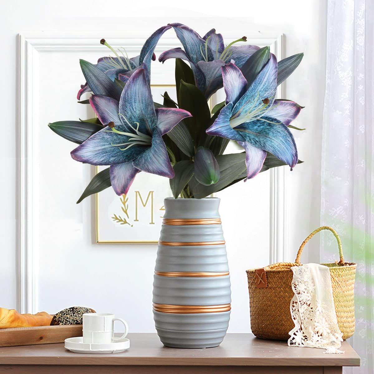 Blue Artificial Lily Flowers 5PCS Vintage Lily Silk Flowers