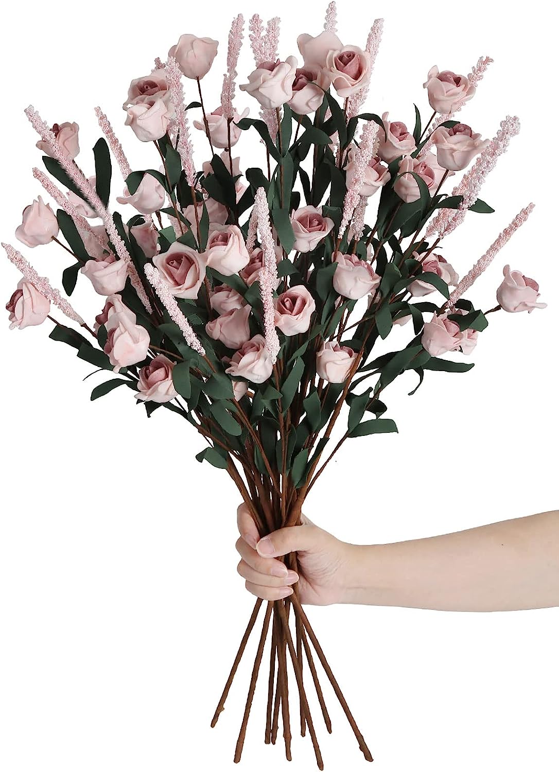 Pink Roses 10 Branches Foam Flowers with Ear of Wheat Faux Pink Flower Stems