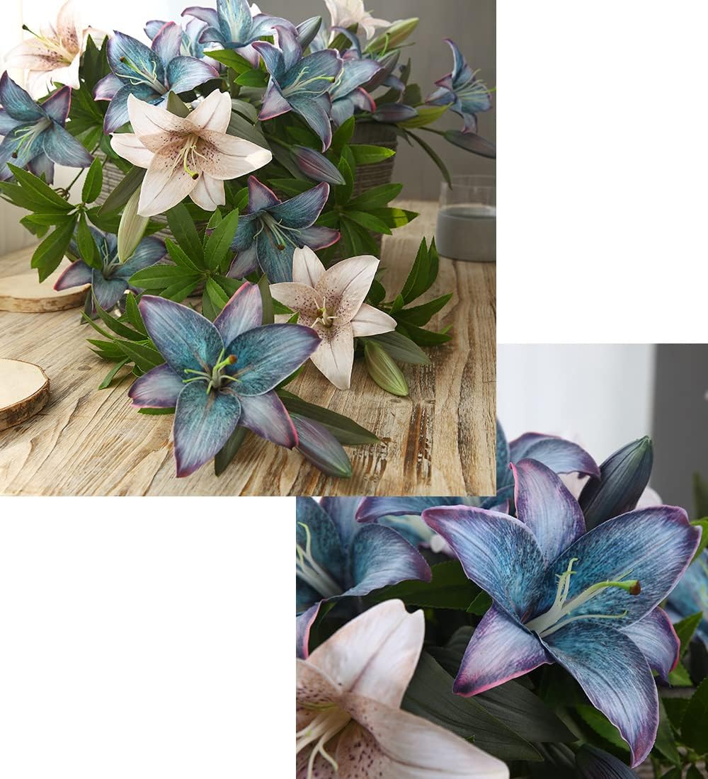 Blue Artificial Lily Flowers 5PCS Vintage Lily Silk Flowers