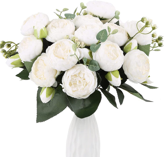 Peonies Artificial Flowers White Silk Fake Flowers Bouquets 4 Bundles