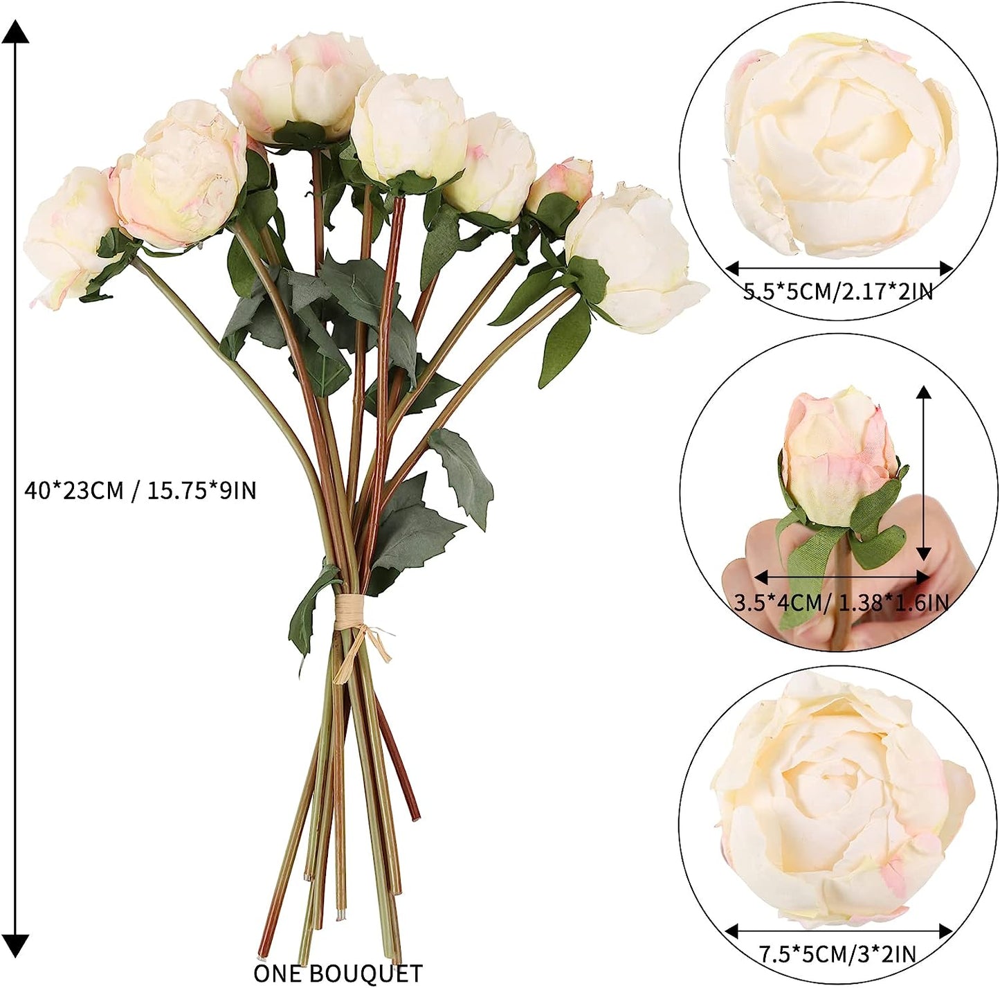 2 Bouquets Peonies Artificial Flowers, Vintage Peonies 18pcs White Fake Flowers