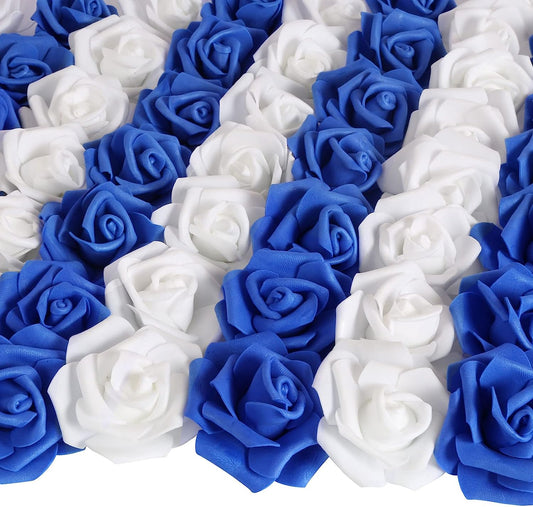 100pcs Royal Blue Artificial Rose Flower Heads, 3inch White Foam Roses Bulk Stemless Fake Flower