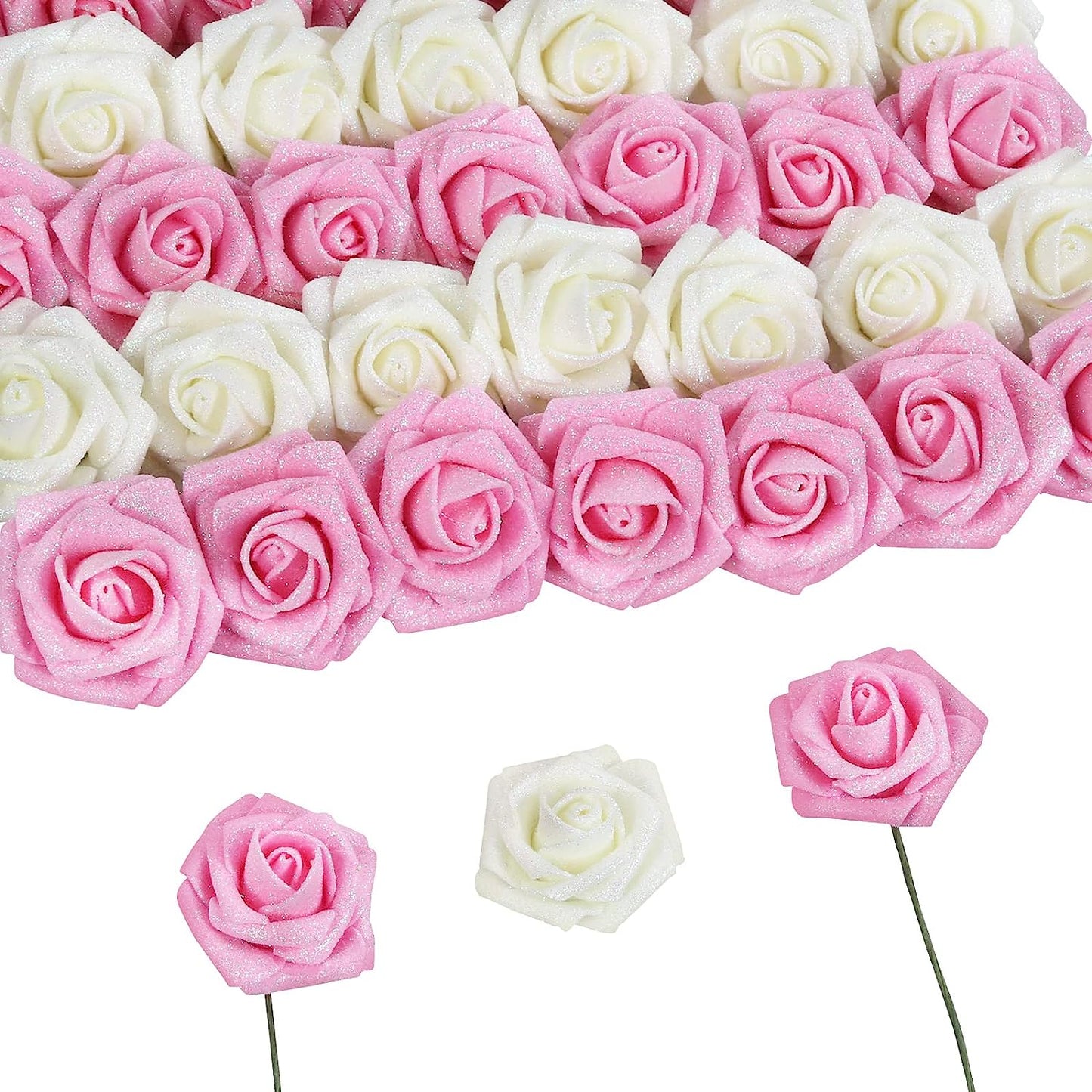 Artificial Roses Flowers,50pcs Gold Glitter Foam Rose with Stem,Silver Fake Rose flowers Bulk